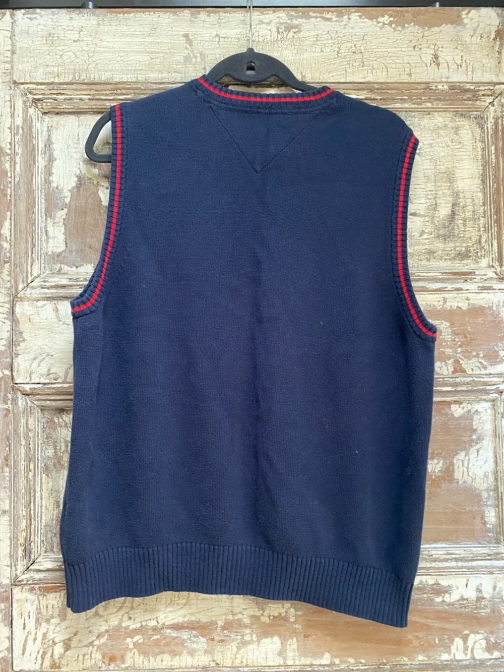 Vintage Tommy Hilfiger Cotton Navy V-Neck Sweater Vest with Red Trim, Size M